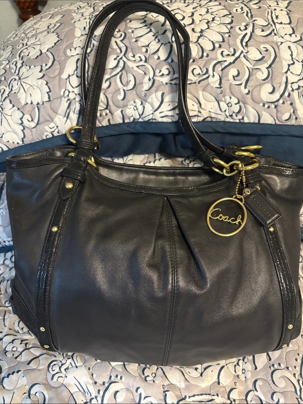 Coach Black Leather Tote with Gold Charm hobo style